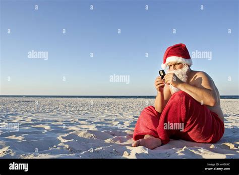 Outdoor Sand Beach Summer Day Water Sea Red Dress Disguise Santa Claus Cap Tradition Christmas