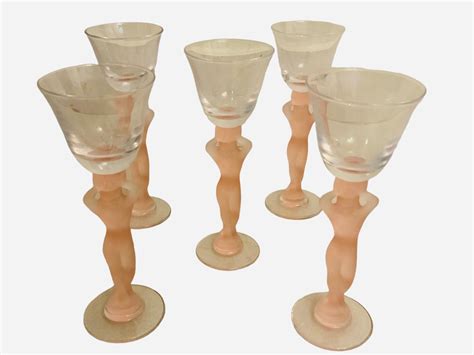 Set Of Five Frosted Nude Caryatids Figures Stem Liquor Glasses For Sale