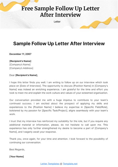 Free Sample Follow Up Letter After Interview Template to Edit Online