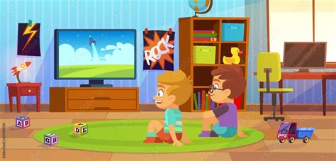 Kids watch tv. Children interior, child boy teenagers apartment, boys ...