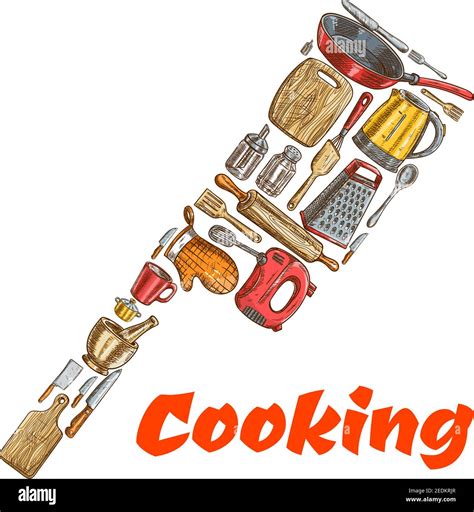 Kitchen Ax Hatchet Emblem Made Of Cooking Utensils Vector Sketch