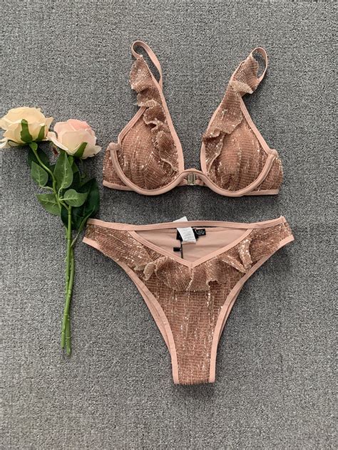 2021 Sexy Sequin Ruffle Bikini Set Two Piece Push Up Padded Swimwear Shiny China Padded