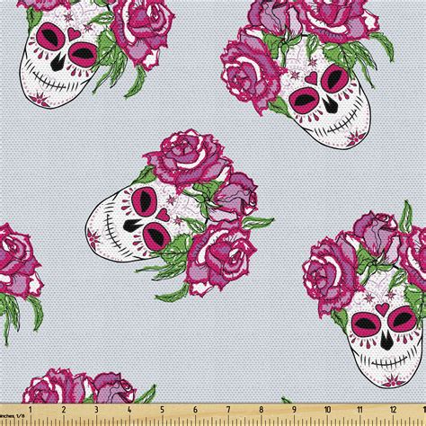 Ambesonne Sugar Skull Fabric By The Yard Upholstery Pink Roses And Heads 2 Yards Pale Blue