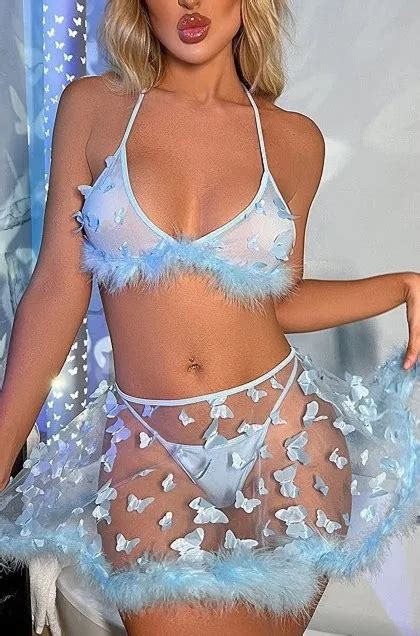 Women Mesh Lace Plush Lingerie Underwear Butterfly Purple Three Pieces Sets Women S Bra And