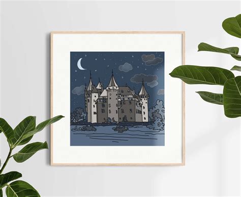 Dutch Medieval Castle Night Scene Line Art Freehand Digital - Etsy