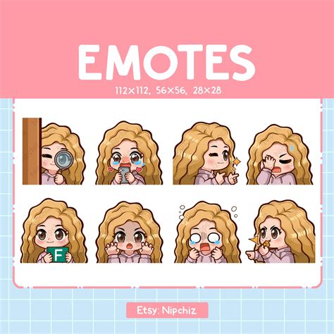 Chibi Girl Emotes Blonde Curly Hair Cute Emoji Pack 8 Girl Emotes For Streaming Brown