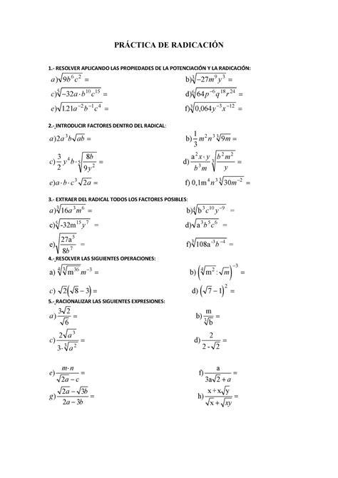 Pr Ctica De Radicaci N Pr Ctica De Radicaci N Resolver Aplicando