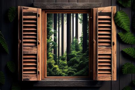 Ventana De Madera Con Persiana Y Vista Al Frondoso Bosque Foto Premium