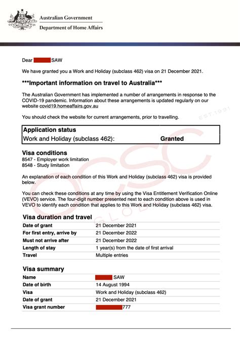 Approval For Australia Work And Holiday Visa Subclass 462 OCSC Global