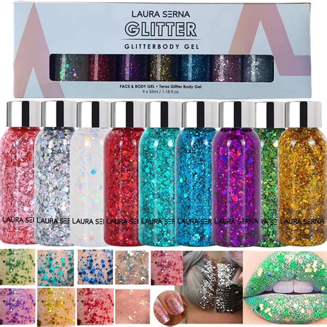 9er Pack Body Glitter Gel Meerjungfrau Pailletten Chunky Glitter Gesicht Haare Nagel Lippen