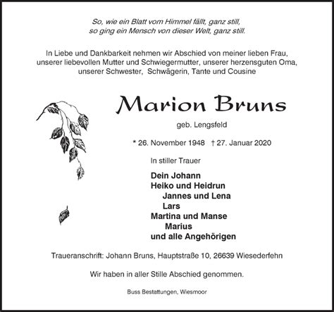 Traueranzeigen Von Marion Bruns Nordwest Trauer De