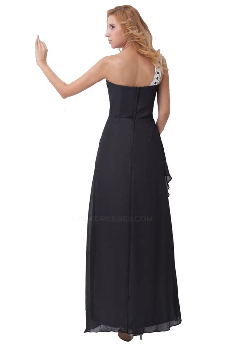 A Line One Shoulder Long Black Chiffon Bridesmaid Dresses Wedding Party