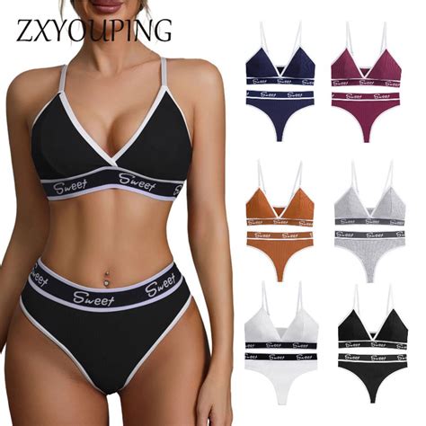 Zxyouping Tibak Panty Set Bra And Panty Sexy Bikini Sports Letter Print Trim Plunge Bras And