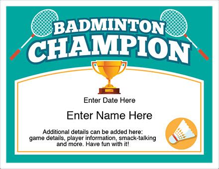 Badminton Champion Certificate Free Award Certificates With Regard To