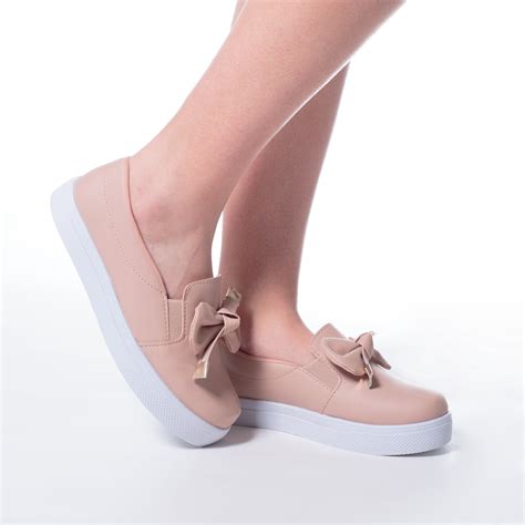 Tênis Slip On Feminino Bia Calçados Laço Napa Nude Shopee Brasil