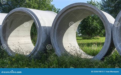 Reinforced Concrete Storm Sewer Pipes Of Large Diameter Stacked At A