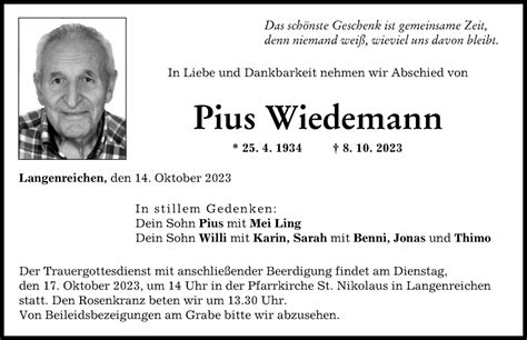 Traueranzeigen von Pius Wiedemann Allgäuer Zeitung