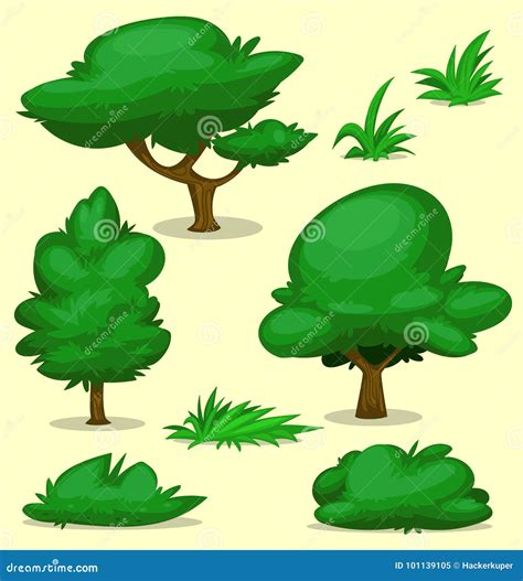 Vector Cartoon Green Tree Bush Grass Template Set Collection Stock