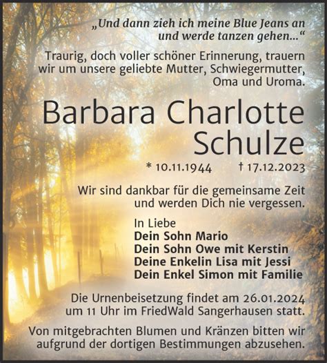 Traueranzeigen Von Barbara Charlotte Schulze Abschied Nehmen De