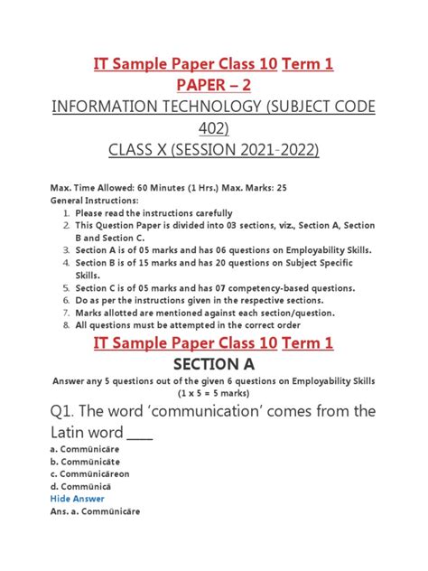 Information Technology Subject Code 402 Class X Session 2021 2022