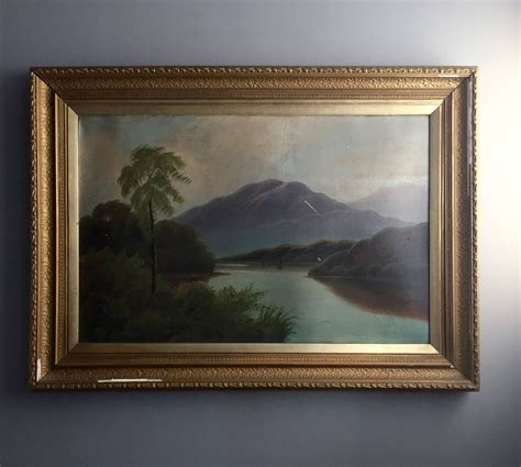 Large old oil landscape in gold frame