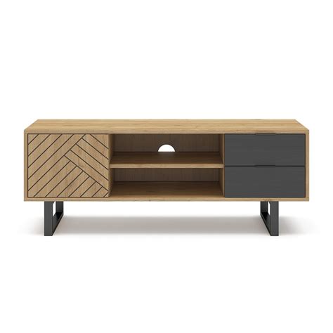 Meuble Tv En Bois Naturel Et Noir X X Cm Madone Qechic