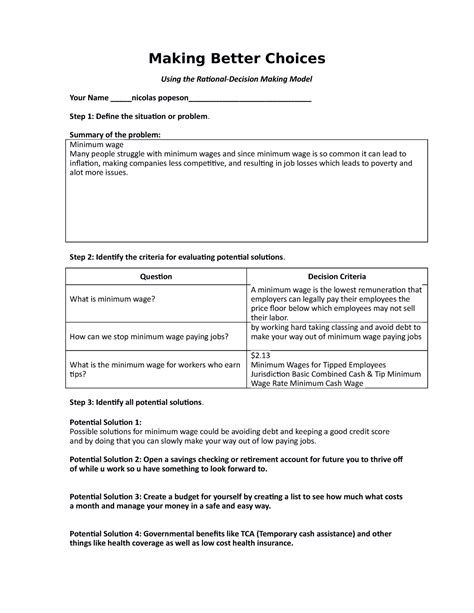 Making Better Choices Assignment Template Making Better Choices Using