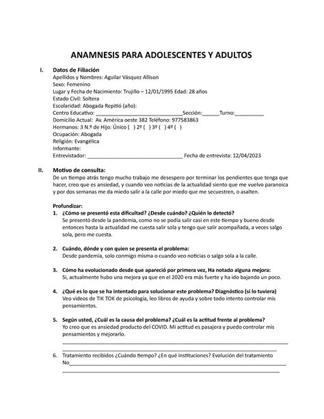 Anamnesis Paciente X Curso Diagnostico Anamnesis Para Adolescentes Y