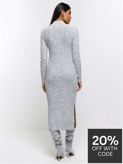 River Island Cable Knit Mix Dress Light Grey Uk