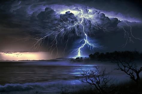 Premium AI Image | In the evening lightning flashes through the clouds