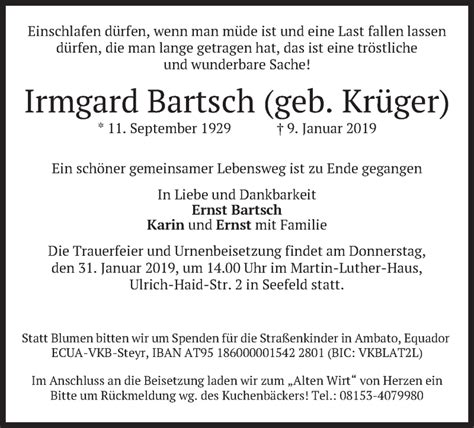 Traueranzeigen Von Irmgard Bartsch Trauer Merkur De