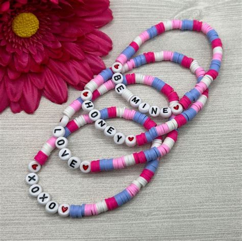 Valentines Day Bracelet Pink Purple White Heishi Beads Xoxo Be Mine