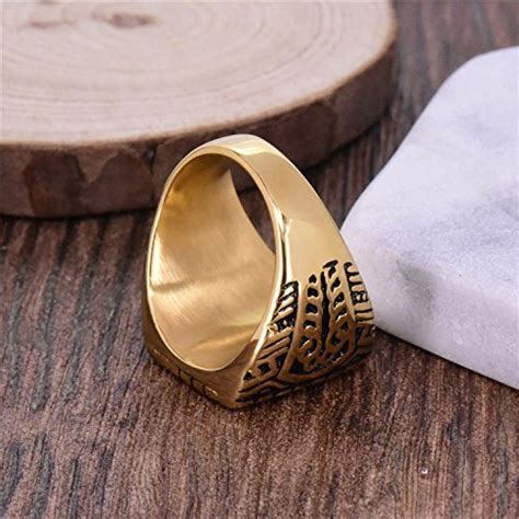 Jajafook Mens Gold Plated Stainless Steel Signet Muslim Islamic Ring