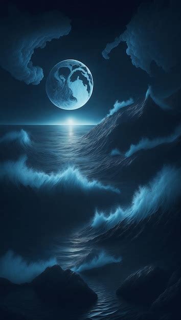 Ilustración de una escena nocturna con luna llena y mar Foto Premium