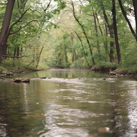 Forest Creek Flowing Through Lush Green Landscape Mature Trees Natural