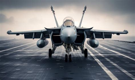 Premium Photo | F 14 Jet Fighter On An Aircraft Carrier Deck Viewed From Front