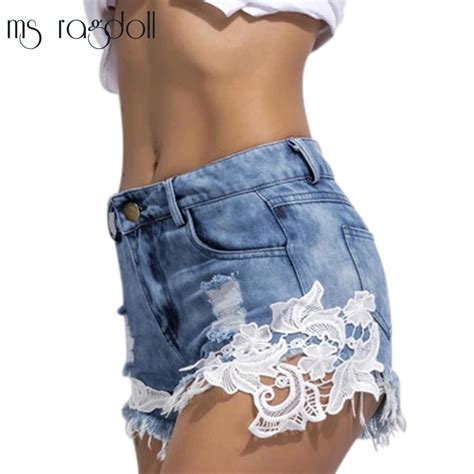 Sexy Lace Stitching Denim Shorts New Fashion Casual Denim Shorts Hollow