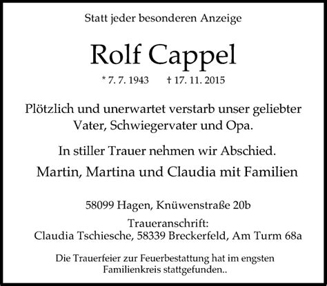 Traueranzeigen Von Rolf Cappel Trauer In Nrw De