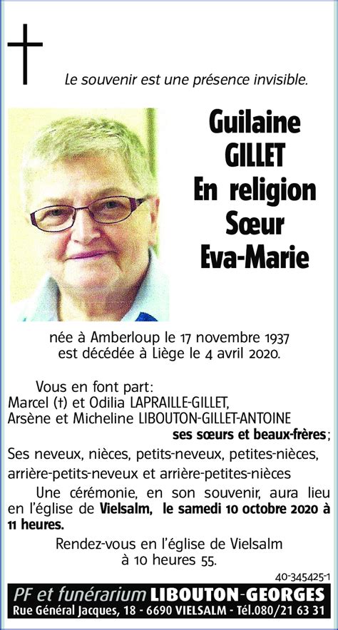 Avis de décès de Guilaine Gillet En religion Sœur Eva Marie décédé le