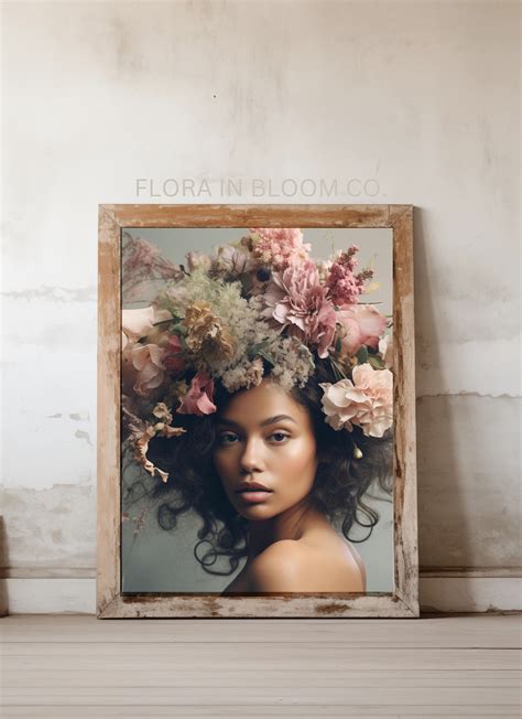 Woman With Flower Bouquet Head Realistic Painting Of Flower Crown Flower Head Woman Floral Wall