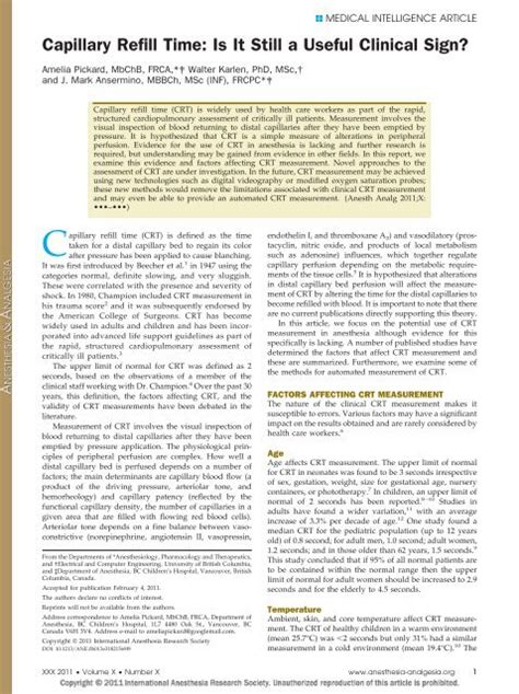 Capillary Refill Time - Anesthesia & Analgesia