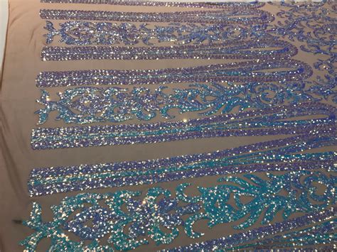 Aqua Iridescent Sequin Classic Design On A Way Stretch Nude Mesh Fabric Prom Nightgown Sold By