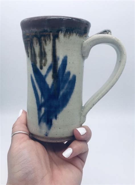 Vtg Handmade Speckled Stoneware Coffee Mug W Brown Drip Blue Etsy