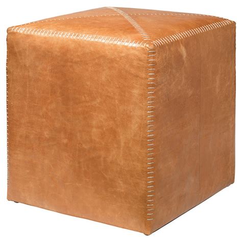 Small Rustic Ottoman – Buff Leather - Scenario Home