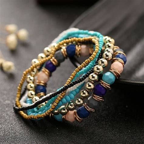 Pulsera elástica con cuentas de múltiples capas bohemias de Four