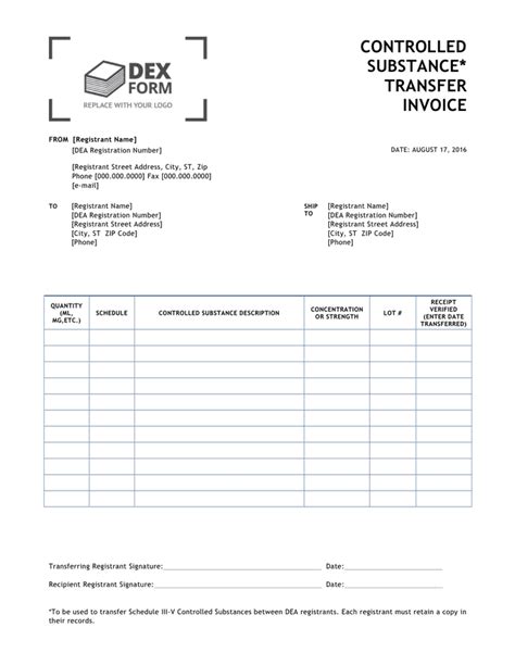 Controlled Substance Transfer Invoice In Word And Pdf Formats