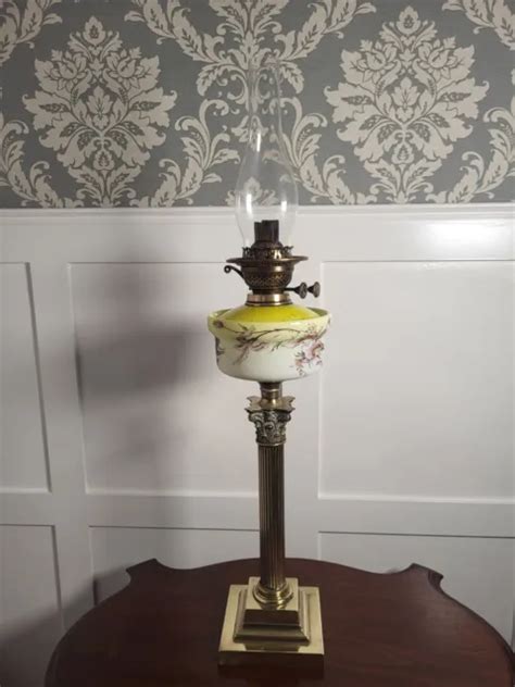 Antique Oil Lamp Victorian Brass Corinthian Column Hand Painted