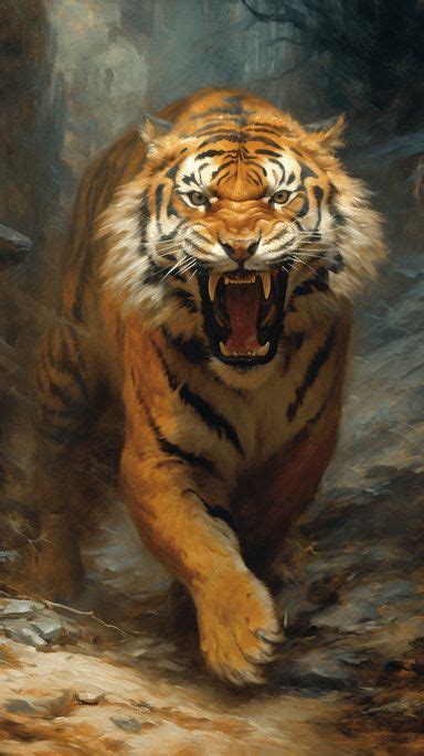 A Painting Of A Tiger Running Through The Woods With Its Mouth Open And