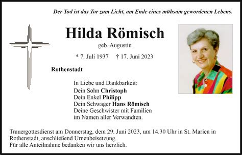 Traueranzeige Hilda Römisch Rothenstadt OberpfalzECHO