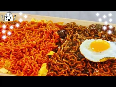 ASMR MUKBANG Fire Noodles Black Bean Noodles Green Onion Kimchi